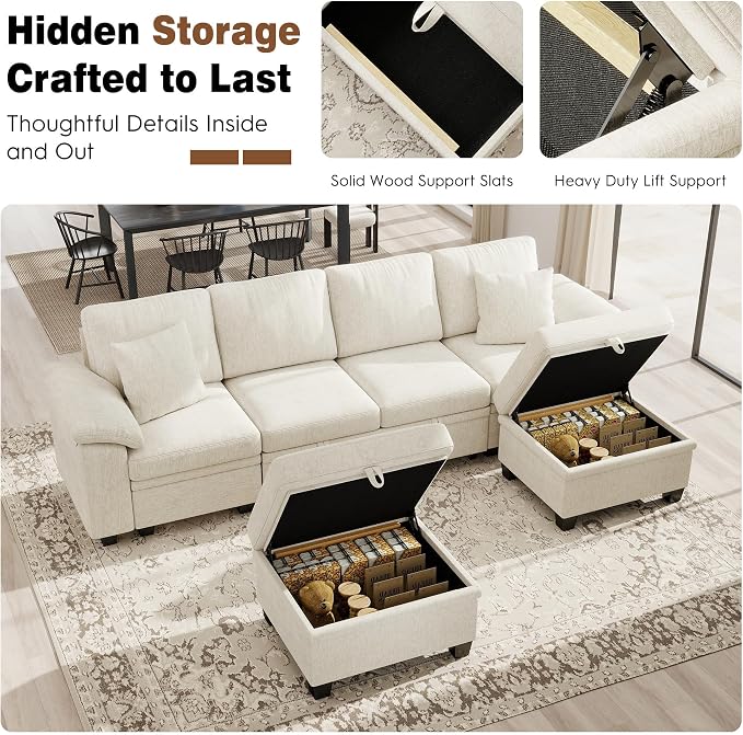 Ihanherry 108" Modular Sectional Sofa with Pull Out Bed, 6-Seater U Shaped Sectional Sleeper Couch with Storage Ottoman, Chenille Convertible Couches for Living Room, Apartment (Beige)