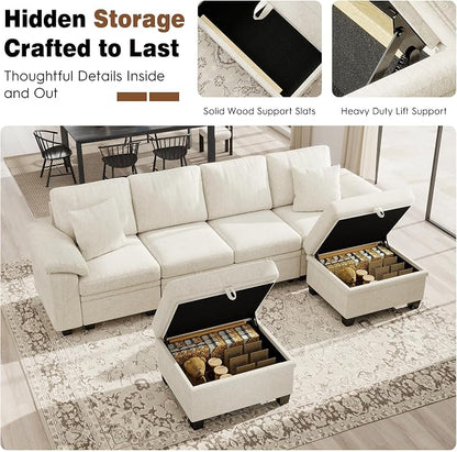Ihanherry 108" Modular Sectional Sofa with Pull Out Bed, 6-Seater U Shaped Sectional Sleeper Couch with Storage Ottoman, Chenille Convertible Couches for Living Room, Apartment (Beige)
