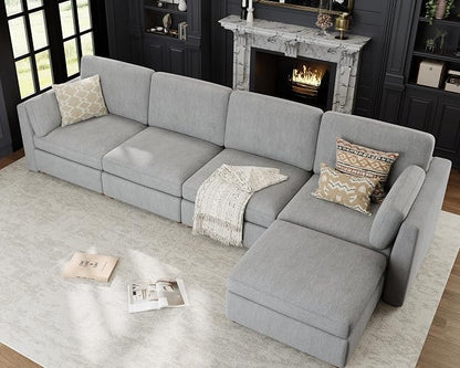 Oversized Modular Sectional Sofa L-Shaped Cloud Couches Gray | 150'' Deep Seat Couch for Living Room, 5-Seater Luxury Corner sofa with Ottoman, Solid Wood Frame, Removable Washable Cover
