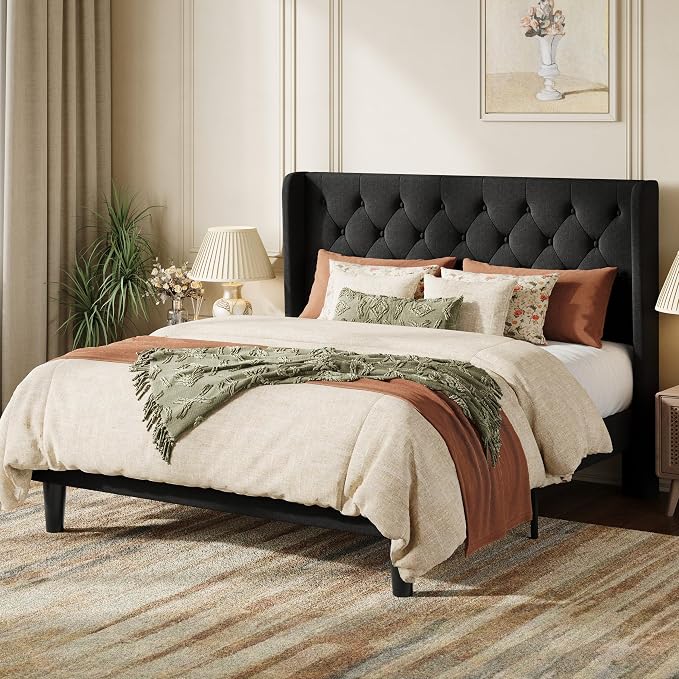 SHA CERLIN Full Size Platform Bed Frame with Upholstered Headboard and Wingback, Button Tufted Design, Easy Assembly, No Box Spring Needed, Black