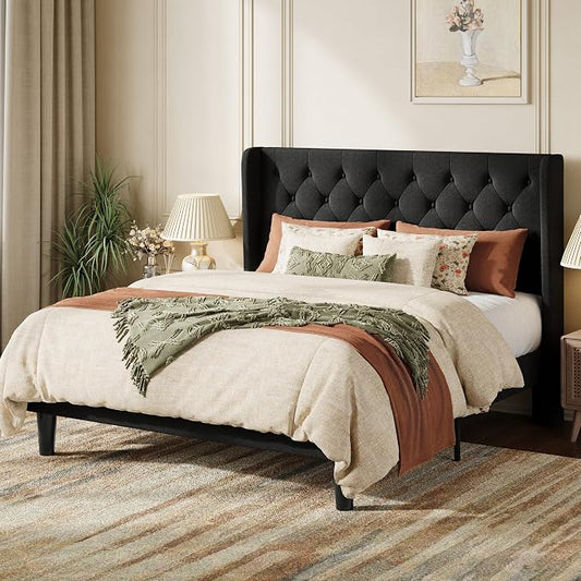 SHA CERLIN Full Size Platform Bed Frame with Upholstered Headboard and Wingback, Button Tufted Design, Easy Assembly, No Box Spring Needed, Black
