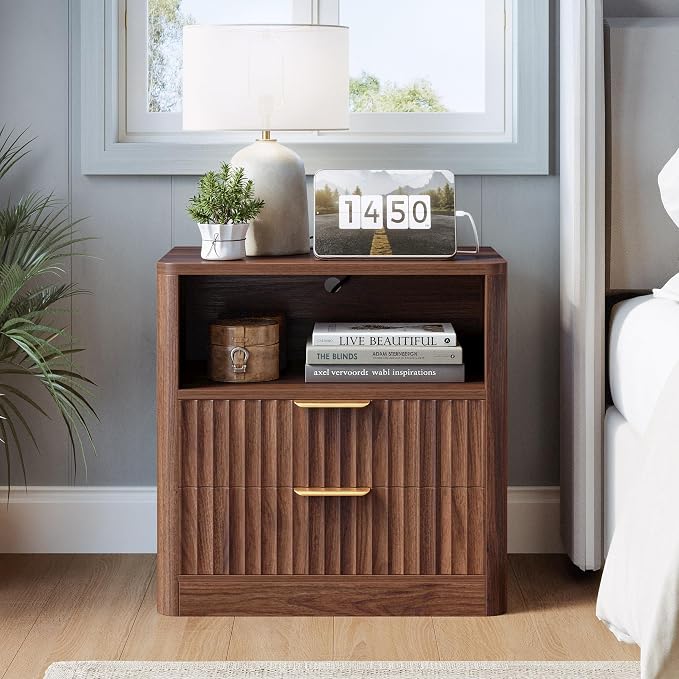 IRONCK Fluted Night Stand Set of 2, Modern Nightstand with Charging Station, Drawers and Open Shelves - Bedside Table Wood Side Table Set for Bedroom, Walnut
