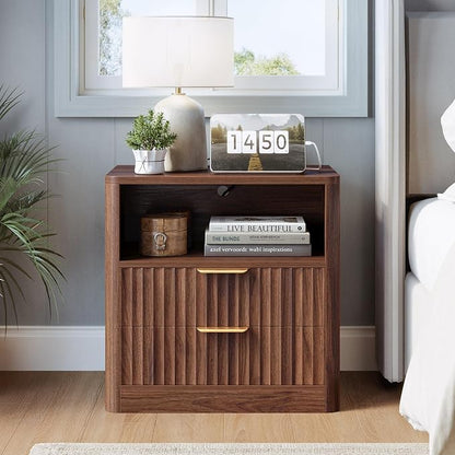 IRONCK Fluted Night Stand Set of 2, Modern Nightstand with Charging Station, Drawers and Open Shelves - Bedside Table Wood Side Table Set for Bedroom, Walnut