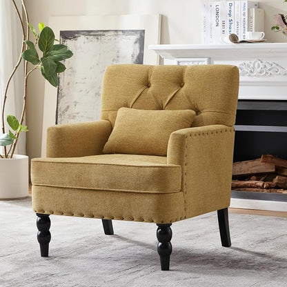 HUIMO Accent Chair for Living Room, Tufted Upholstered Club Chair with Lumbar Pillow, Vintage Reading Armchair with Solid Wood Legs for Bedroom Apartment, Mustard Yellow