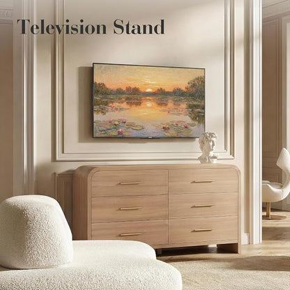 Curved 6-Drawer Dresser for Bedroom, 54" Wide Modern Chest of Drawers, Vanity Desk TV Stand for Living Room, Closet Storage Drawers Organizer Furniture, Nursery, Hallway, Grey Oak
