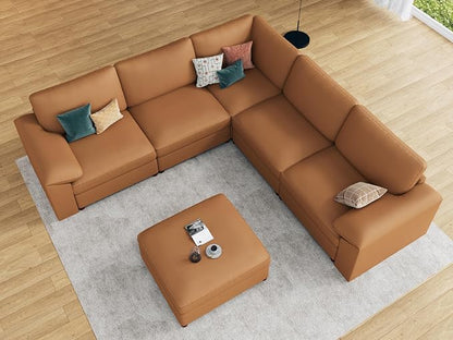 EASE MOOSE Oversized Corner Modular Sectional Sofa with Ottoman, Faux Leather Sectional Sofa with Deep Seat, Scratch Resistant Faux Leather Material, Extra Large L Shaped Couch, Brown