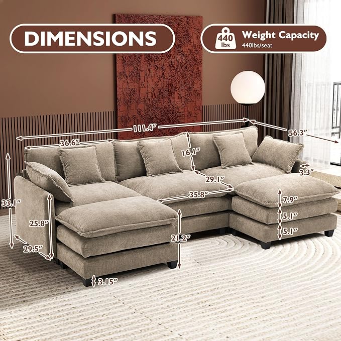 Ihanherry 111.4" U Shaped Modern Sofa Modular Sectional Luxurious and Comfortable with 2 Ottoman, 5-Seat Chenille Deep Seat Sofa with Pillow for Living Room, Bedroom and Apartment, Sand