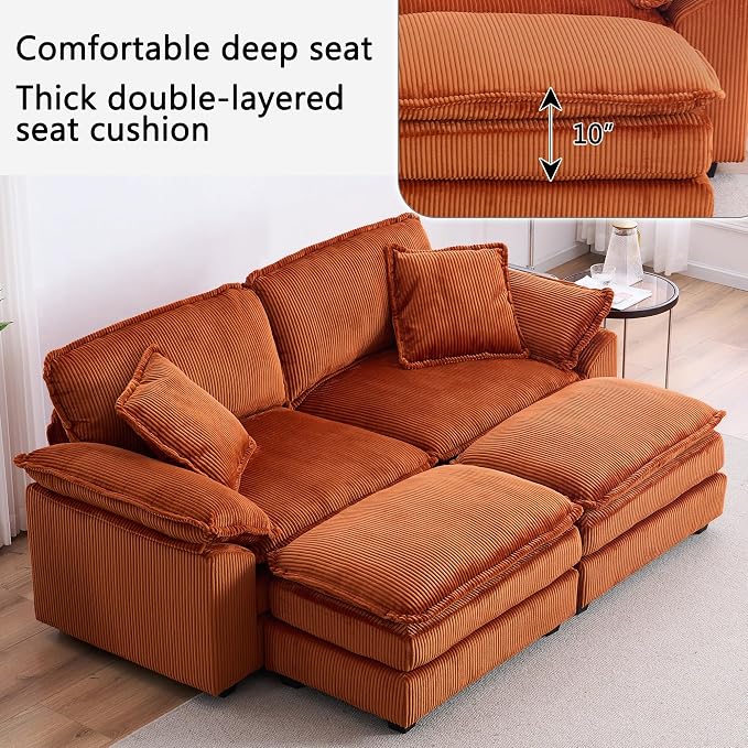 84.6” Corduroy Loveseat with Ottoman, Oversized Double Chaise Lounge Chair Indoor Deep Seat Two Seater Couch Cloud Couch Modular Sectional Sofa for Living Room(Corduroy Orange)