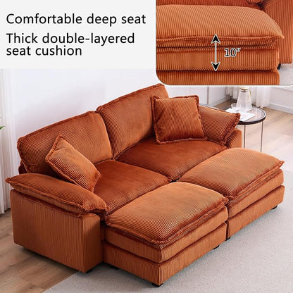 84.6” Corduroy Loveseat with Ottoman, Oversized Double Chaise Lounge Chair Indoor Deep Seat Two Seater Couch Cloud Couch Modular Sectional Sofa for Living Room(Corduroy Orange)