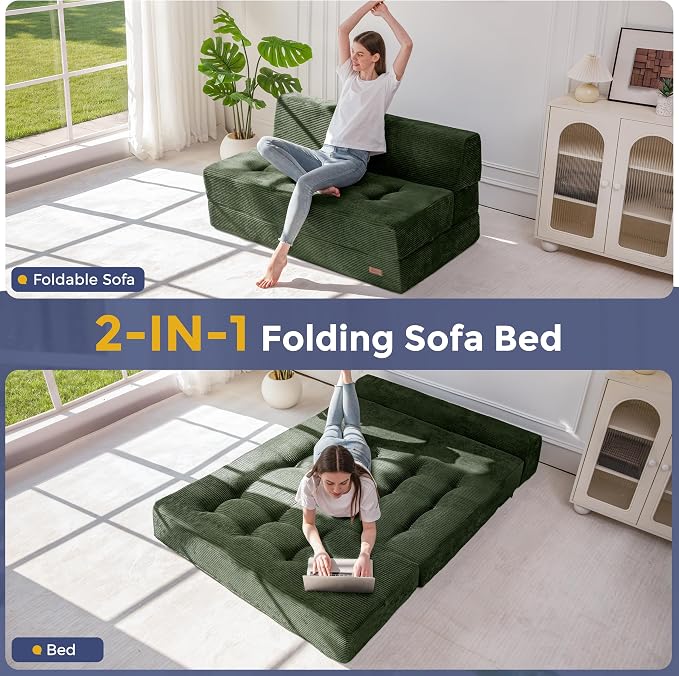 MAXYOYO 8" Folding Sofa Bed, Fold Out Chair Bed, Convertible Floor Sofa Couch, High-Density Foam Tufted Lounge Couch for Living Room Bedroom Dorm, Loveseat, Dark Green