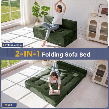 MAXYOYO 8" Folding Sofa Bed, Fold Out Chair Bed, Convertible Floor Sofa Couch, High-Density Foam Tufted Lounge Couch for Living Room Bedroom Dorm, Loveseat, Dark Green