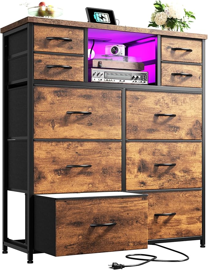 Romorgniz Dresser for Bedroom with LED Lights & Power Outlets 2 AC & 2 USB, Fabric 10 Drawer Dressers & Chest of Drawers with Open Shelves for Hallway Living Room, Metal Frame, Wood Top, Rustic Brown