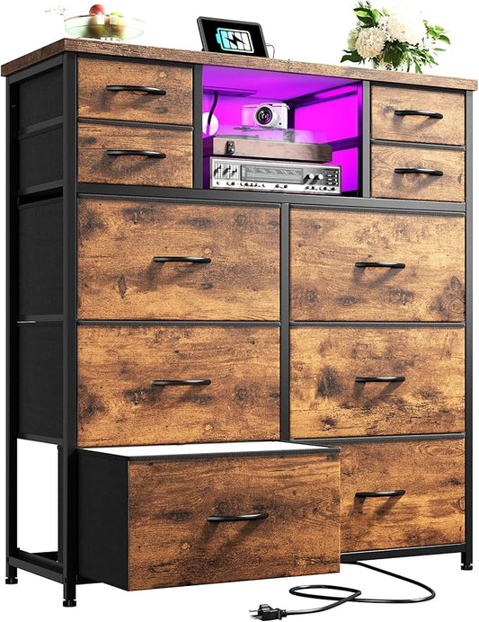 Romorgniz Dresser for Bedroom with LED Lights & Power Outlets 2 AC & 2 USB, Fabric 10 Drawer Dressers & Chest of Drawers with Open Shelves for Hallway Living Room, Metal Frame, Wood Top, Rustic Brown