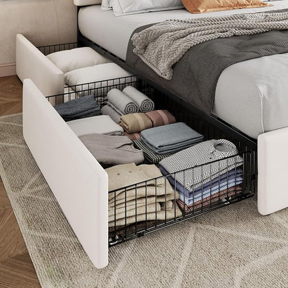 Allewie Upholstered Full Size Platform Bed Frame with 4 Storage Drawers and Adjustable Headboard, Square Button Tufted, Wooden Slats Support, Noise-Free, No Box Spring Needed, Easy Assembly, White