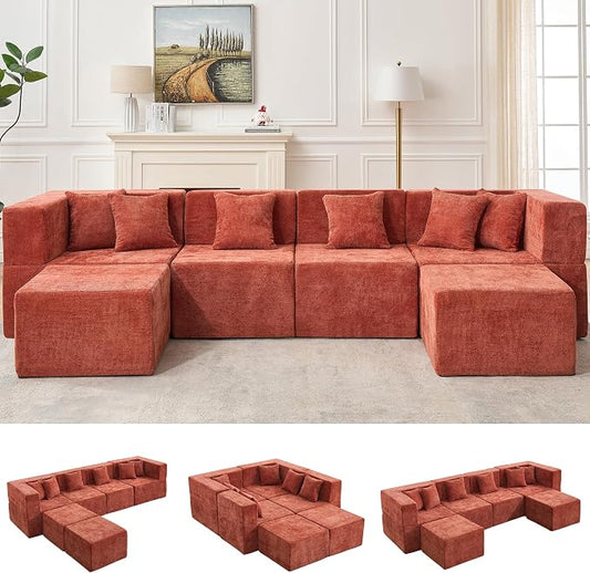 MONVANE Modular Sectional Cloud Couch for Living Room - 130'' 6 Seater Convertible Chenille Couches Set with Ottoman, No Assembly Compression Sofas, Comfy Floor Sofa with Memory Foam, Rust Red