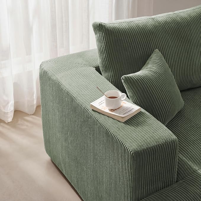 Modular Sectional Sofa Bed with Ottoman, 79" Memory Foam Cloud Couch, Boneless Loveseat Corduroy Upholstered Floor Couch, No Assembly Required Living Room Furniture for Apartment Bedroom, Green