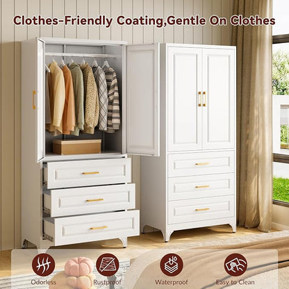 Metal Armoire Wardrobe Closet with Hanging Rod, 71" Tall Wardrobe Cabinet with Doors and 3 Drawers, Clothing Storage Cabinets for Bedroom