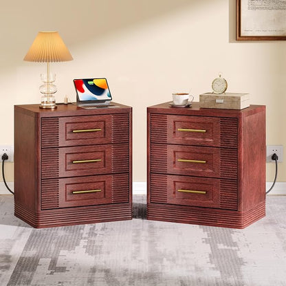 RECHHX 3 Drawer Dresser for Bedroom, 25.6" Tall Nightstand with Charging Station, Farmhouse 23.6" Wide End Table, Thermoformed Curved Small Chest of Drawers for Bedroom, Living Room, Walnut Cherry