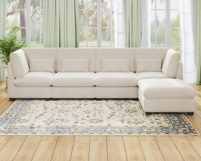 154" Oversized Chenille Couch Modular Sectional Sofa, Washable Cloud Couch Sectional with Ottoman, 5 Seater Sectional Couches for Living Room, Fully Cover Removable, L Shaped, Chenille, White