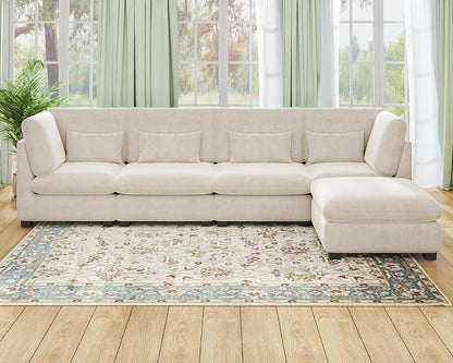154" Oversized Chenille Couch Modular Sectional Sofa, Washable Cloud Couch Sectional with Ottoman, 5 Seater Sectional Couches for Living Room, Fully Cover Removable, L Shaped, Chenille, White