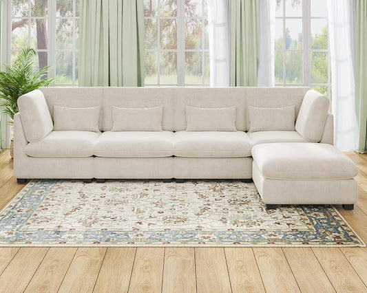 154" Oversized Chenille Couch Modular Sectional Sofa, Washable Cloud Couch Sectional with Ottoman, 5 Seater Sectional Couches for Living Room, Fully Cover Removable, L Shaped, Chenille, White