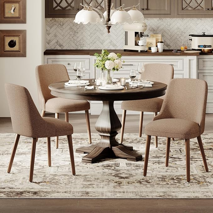 MALOL Dining Room Chair Set of 4, Upholstered Kitchen Chairs with Wood Legs, High-Back Padded Dining Chairs for Dining Room/Restaurant/Cafe, Camel