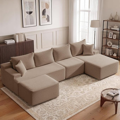 Mangodan 118'' Cloud Sectional Couch, U Shaped Boneless Couches for Living Room, Modular Sectional Sofa with Deep Seat Right Facing Chaise, Comfy Cloud Couch Sofa, Camel