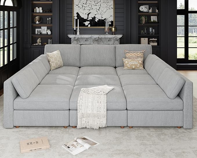 Oversized Modular Sectional Sleeper Sofa Bed Cloud Couches Gray | Deep Seat Couch for Living Room, 9 Seater Luxury Comfortable Sofa with Ottoman, Solid Wood Frame, Removable Washable Cover