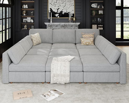 Oversized Modular Sectional Sleeper Sofa Bed Cloud Couches Gray | Deep Seat Couch for Living Room, 9 Seater Luxury Comfortable Sofa with Ottoman, Solid Wood Frame, Removable Washable Cover