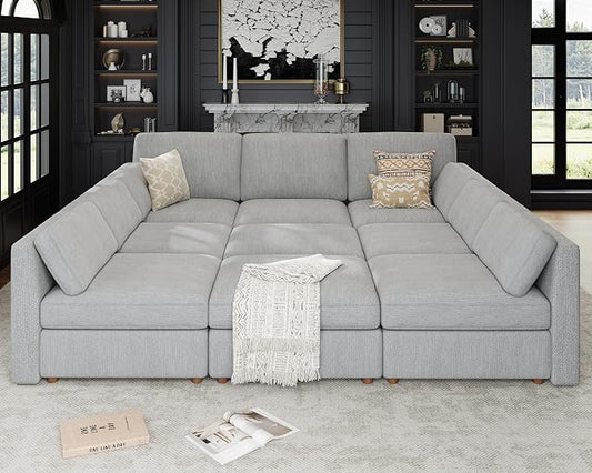 Oversized Modular Sectional Sleeper Sofa Bed Cloud Couches Gray | Deep Seat Couch for Living Room, 9 Seater Luxury Comfortable Sofa with Ottoman, Solid Wood Frame, Removable Washable Cover