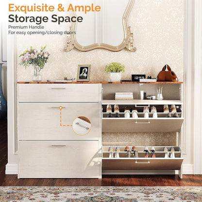 VINGLI Shoe Cabinet for Entryway, Farmhouse Slim Shoe Rack Storage with 3 Flip Drawers, Rustic Brown Top & Washed White Body, Narrow Hidden Shoe Organizer for Hallway, 9.5" Depth