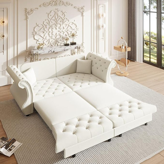 83.8" Oversized Pull Out Sofa Bed, Chesterfield Velvet Sleeper Sofa Couch with Roll Arm & Flower Tufting, Heavy Duty Metal Frame Convertible Sofa for Living Room, Apartment, Guest Room, Beige