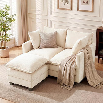 L-Shape Loveseat Sofa Couch with Ottoman, Small 50" Love Seat 27" Deep Cloud Sofa Washable Chenille Pillow for Apartment Bedroom Dorm Attic Studio Office Living Room Small Space 8833-BEIGE-L-1