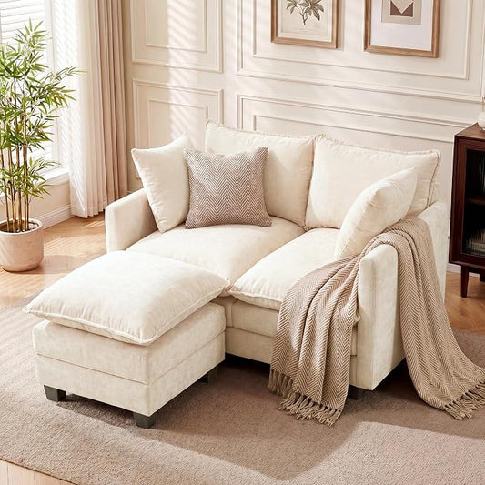 L-Shape Loveseat Sofa Couch with Ottoman, Small 50" Love Seat 27" Deep Cloud Sofa Washable Chenille Pillow for Apartment Bedroom Dorm Attic Studio Office Living Room Small Space 8833-BEIGE-L-1