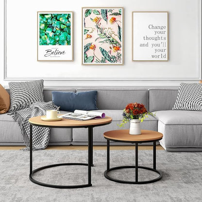 HOJINLINERO Round Coffee Table,Nesting Coffee Table Set of 2,Center Tables for Living Room,Office, Home Small Space,Stacking Side Tables,Sturdy and Easy Assembly,Wood Desktop,Black+Teak OAKDK,Large