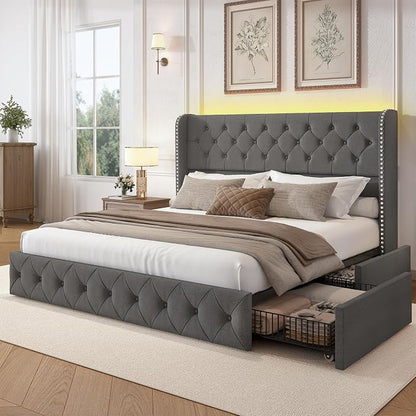 LARMACE King Size Bed Frame with LED Lights and 4 Storage Drawers Linen Upholstered Platform Bed Frame with 47.2" Tall Tufted Headboard Wingback, No Box Spring Needed, Easy to Assemble, Grey