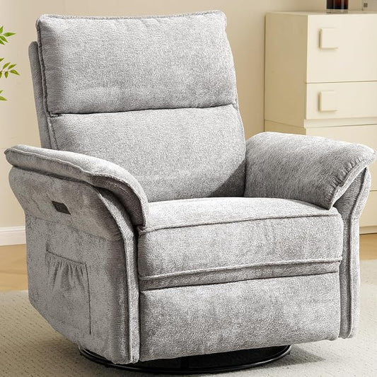 Oversized Power Recliner Chair Swivel Glider with Massage and Heat, Rocker Nursery Recliner for Adults with Adjustable Headrest, 24" Extra Wide Nursery Chair with Overstuffed Armrest,Light Grey