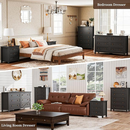 Farmhouse Dresser Nightstand Sets, 4-Piece Bedroom Furniture Set for Home | 5/6 Drawer Dresser Closet & 3 Drawer Nightstand Set of 2, Chest of Drawers for Bedroom, Living Room, Entryway, Black