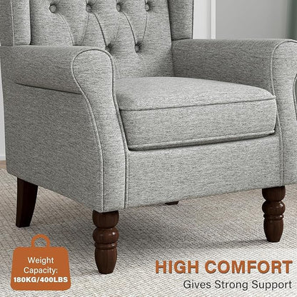 Wingback Accent Chairs Set of 2, High Back Arm Chair for Living Room, Button-Tufted Upholstered Fabric Armchair with Solid Wood Legs, Comfy Single Sofa Reading Chair for Bedroom, Light Gray