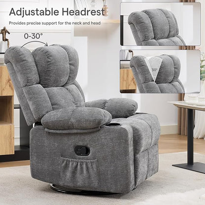 360°Swivel Rocker Recliner Chair Set of 2,Rocking Recliner Chair with Adjustable Headrest for Adults,Upholstered Fabric Rocking Chair Swivel for Bedroom,Living Room,Grey