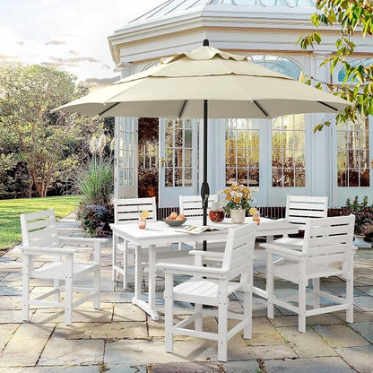 7 Piece Patio Dining Set, 66" Rectangle HDPS Weather Resistant Outdoor Table & 6 Patio Chairs Set with 1.96" Umbrella Hole, Heavy Duty Chairs for Backyard Balcony Deck, White