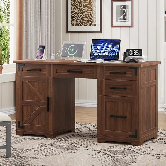 LUMISOL 55” Farmhouse Executive Desk with Charging Station and Power Outlet, Computer Desk with 5 Drawers and Cabinet, Rustic Wood Writing Study Table with File Drawer, Walnut