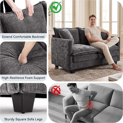 Loveseat Sofa Couch 2 Piece Set, Small Compact 50" Love Seat 27" Deep Cloud Sofa Set Washable Chenille Pillow Living Room Set for Apartment Office 8833-GREY-2+2
