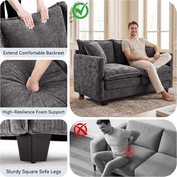 Loveseat Sofa Couch, Small Mini Compact 50" Love Seat 27" Deep Cloud Sofa Seat Washable Chenille Pillow for Apartment Bedroom Dorm Attic Studio Office Living Room Small Space 8833-GREY