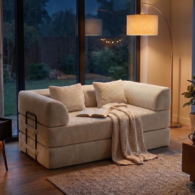 59“ Convertible Floor Sofa Bed, 5-in-1 Futon Sofa Bed Modular Sleeper Couch, Corduroy Pull Out Loveseat with Curved Armrest, Boneless Couches for Living Room, No Assembly Required, Beige White