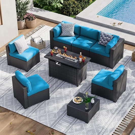 Aoxun 8 Piece Patio Furniture Set with 44” Fire Pit Table, Wicker Rattan Patio Sectional Sofa, Outdoor Furniture Set with Thickened Cushion, Peacock Blue