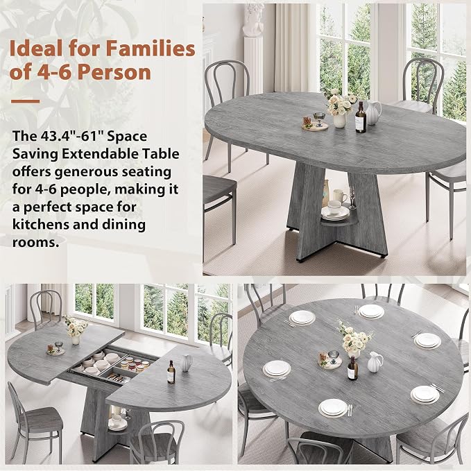 Extendable Dining Table, Round Kitchen Dining Room Dinner Table with for 4 6 8 People, Space Saving Modern Oval Expandale Furniture with Storage and Pedestal for Kitchen Living Room (Grey)