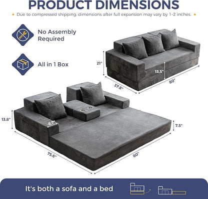 MAXYOYO Convertible Sofa Bed, 80" Oversized Boneless Loveseat Couch 4 in 1 Foldable Floor Sofa Couch in A Box with 2 Cup Holders, Folding Chair for Living Room, Grey