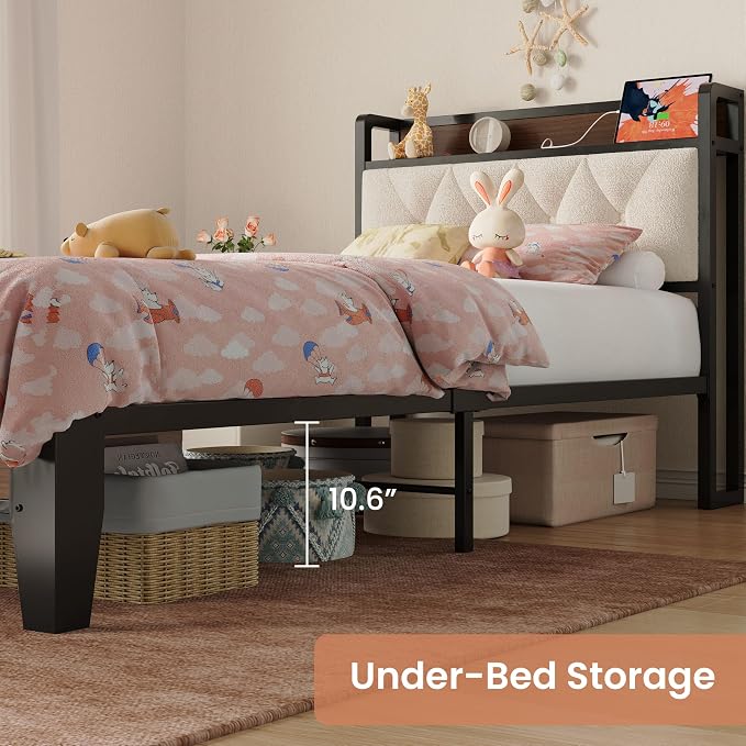 ANCTOR Twin XL Bed Frame, Storage Headboard with Charging Station, Platform Bed Frame with Strong Metal Support, Sturdy and Stable, Noise Free, No Box Spring Needed, Easy Assembly, Walnut