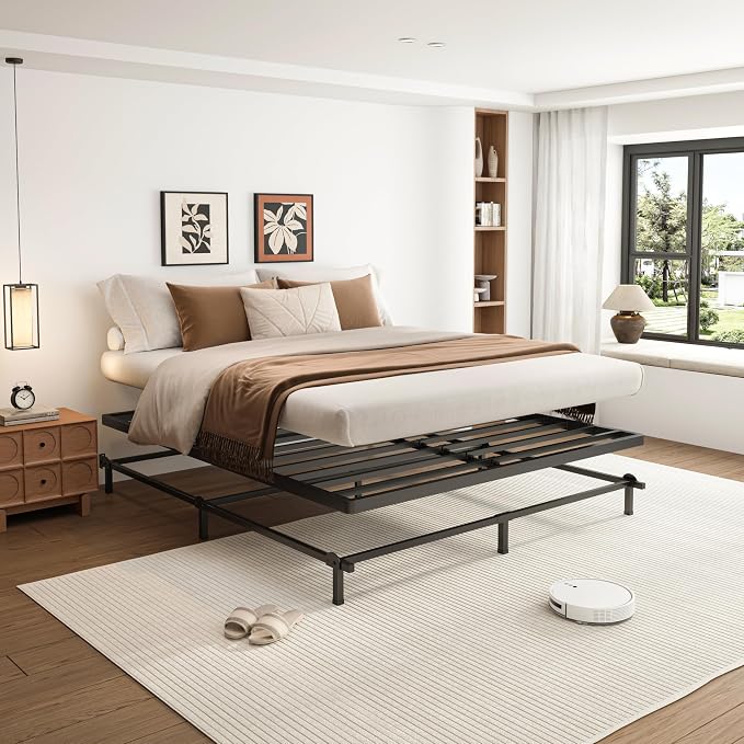 VIPSHOW 2 Inch Queen Metal Box Spring with Round Corners - 3000 lbs Capacity, Low Profile Bed Slat Replacement Bunkie Board with Steel Slats, Noise-Free, Easy Assemble, Black
